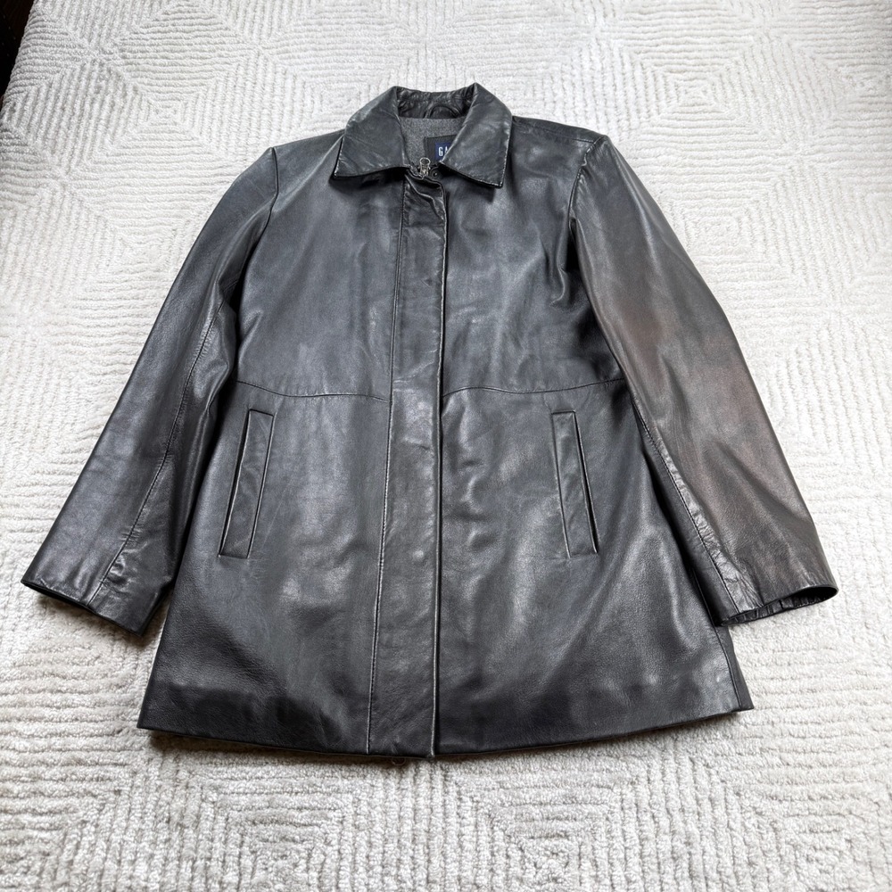Gap Leather Car Coat Women's XS Black Vintage Y2K Trench Jacket Matrix Goth 90s
